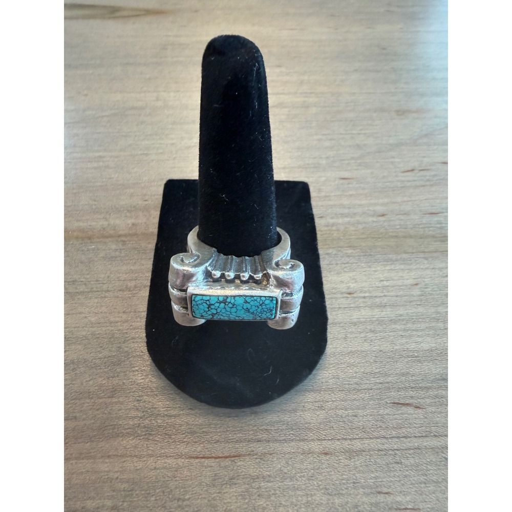 Dian Malouf Turquoise Ring Women Size 7.25 Silver Architectural Column Statement